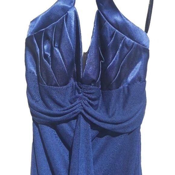 90's Roberta Dress Halter Slip Plunging V Empire Ruffle Raw Edge Mini Navy Sz S - Picture 4 of 6